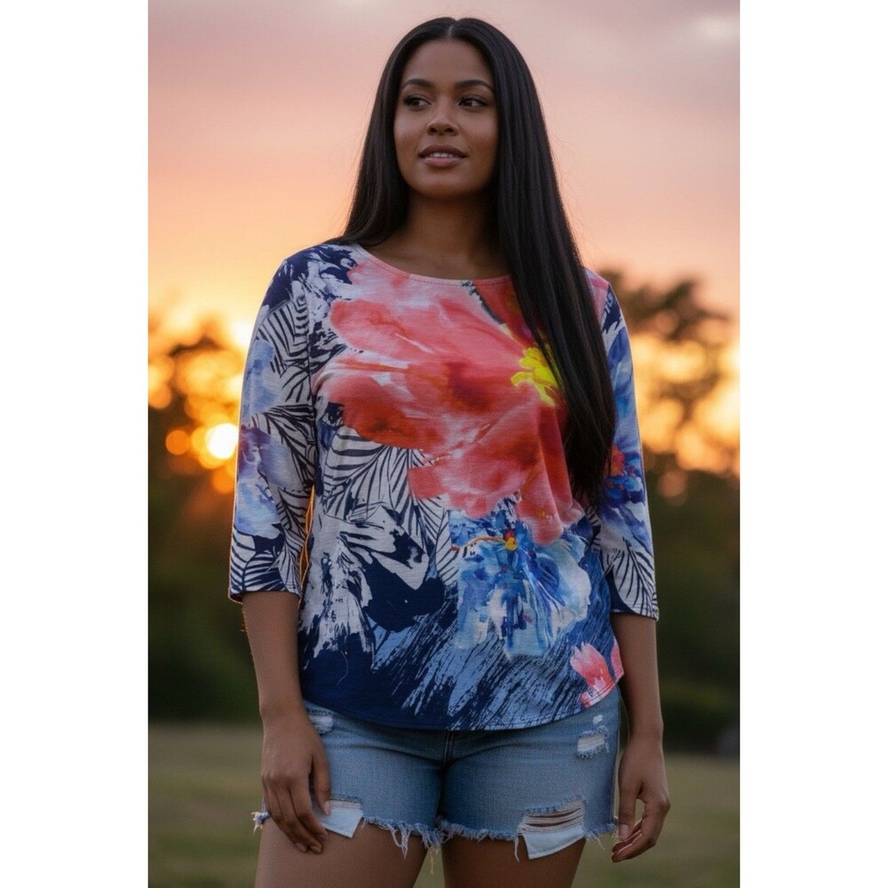 CJ Banks Sz 2X Orange Blue White Poly 3/4 Sleeve Floral Top Vacay Tropical